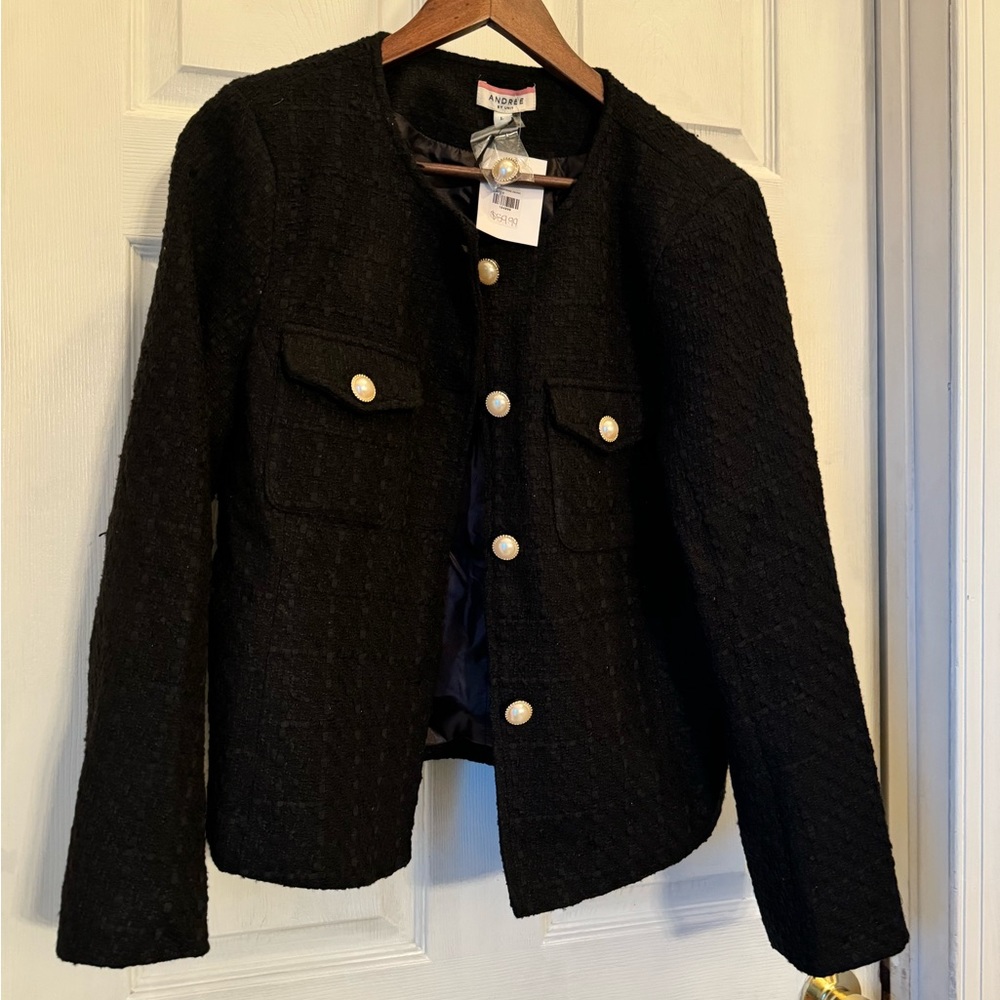 Black Crop Jacket with Pearl Buttons